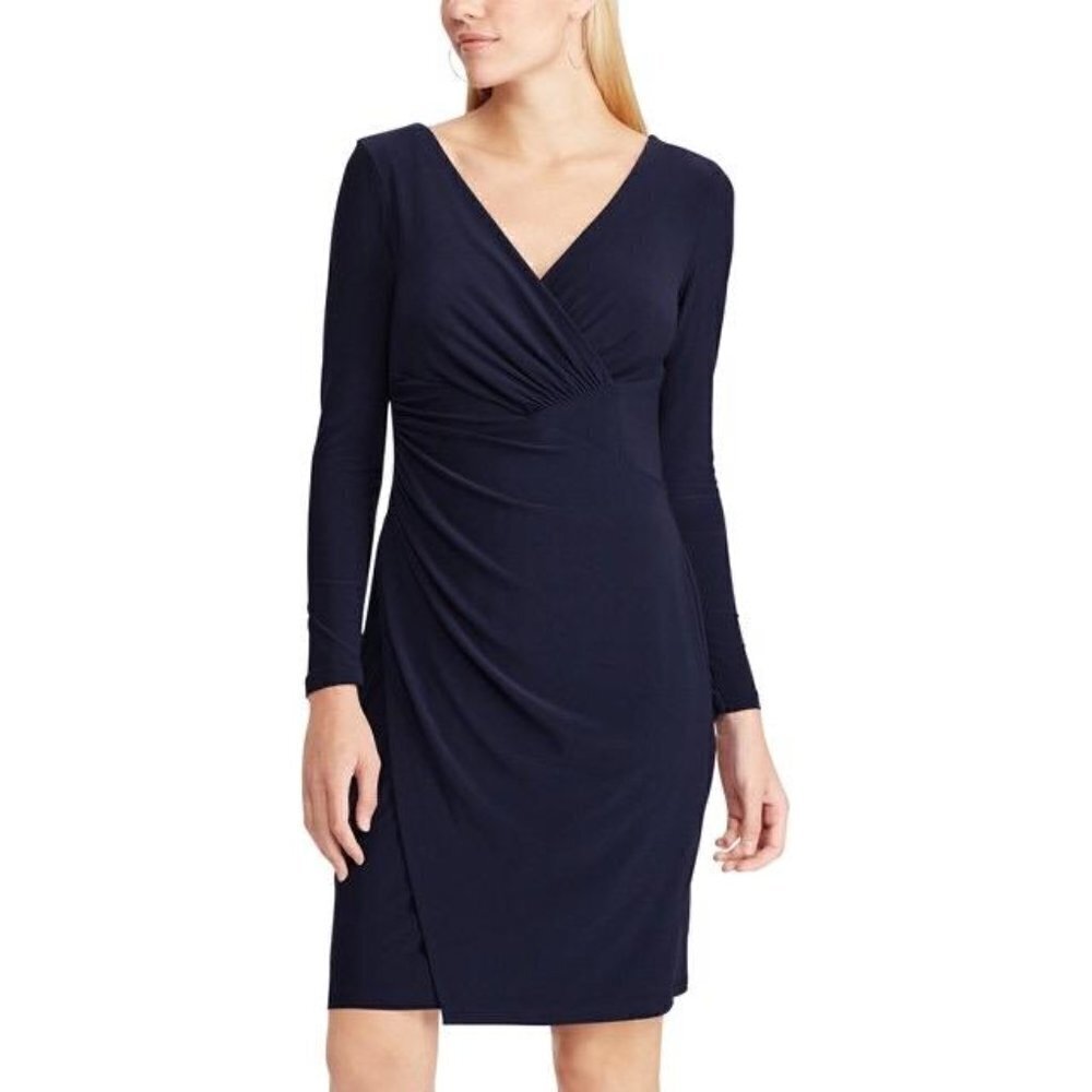 Chaps Womens Navy Blue V Neck Long Sleeve Jersey Knit Faux Wrap Dress Sz S New